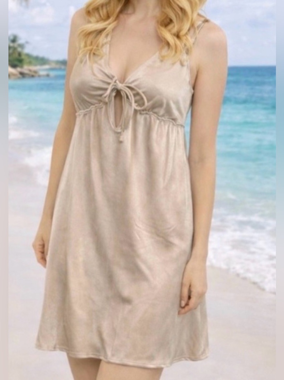LADIES BADGLEY MISCHKA VINTAGE SHIMMER GREEN SATINY SPANDEX SWIM DRESS COVER - S